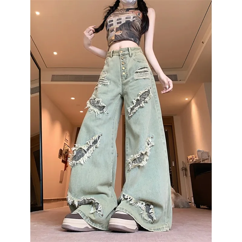 อเมริกัน Retro Wasteland Fengshui ซักผ้าเก่า Ripped กางเกงยีนส์ผู้หญิงฤดูร้อนฤดูใบไม้ร่วงสไตล์ใหม่ High-End Niche กว้างขากางเกง