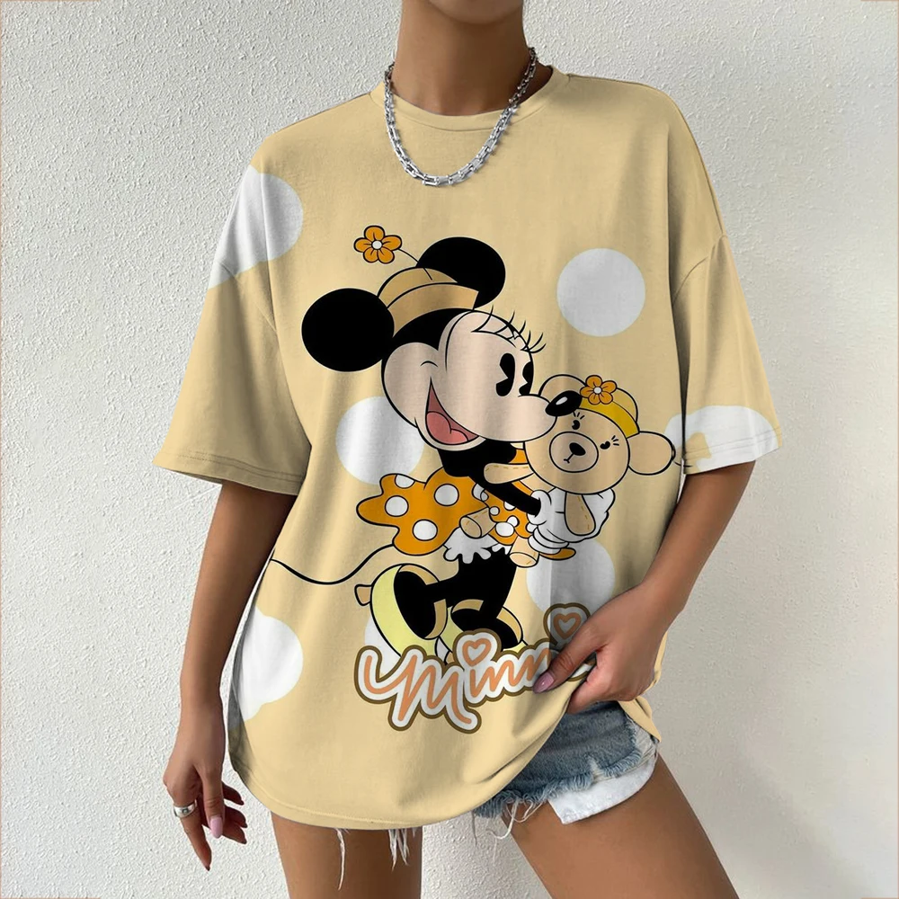 Cute Women's Mickey Mouse Printed T-shirt Summer Men Shirt Fashion Ladies Blouses 2024 Cartoon Minnie Female Tops Kawaii Clothes