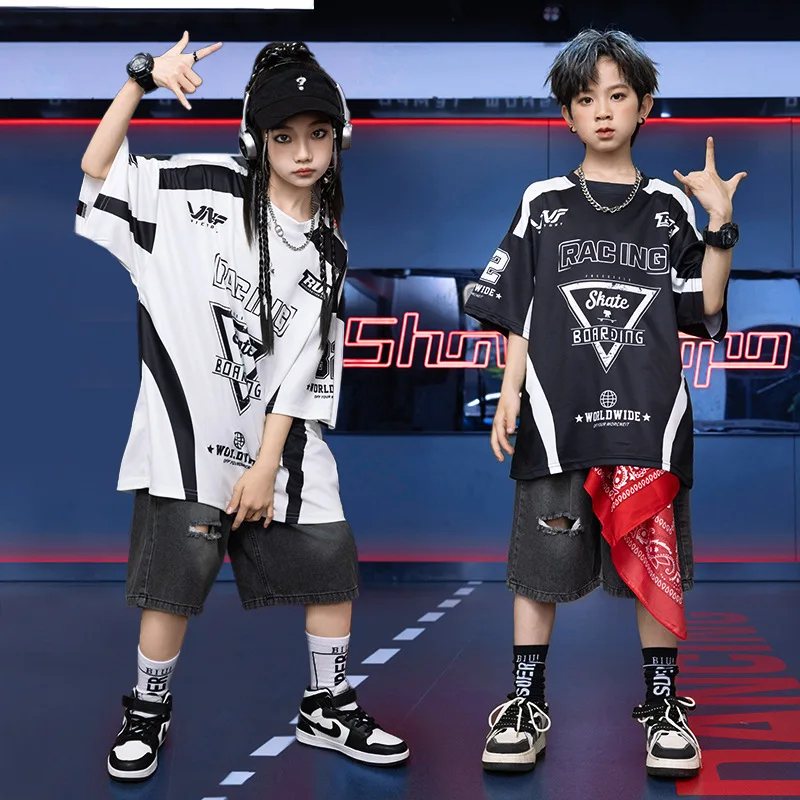 Ropa de Hip Hop Kpop para chico, camiseta con letras blancas y negras, pantalones vaqueros rasgados informales, pantalones cortos para niña y niño, Ropa de baile de Jazz, disfraces