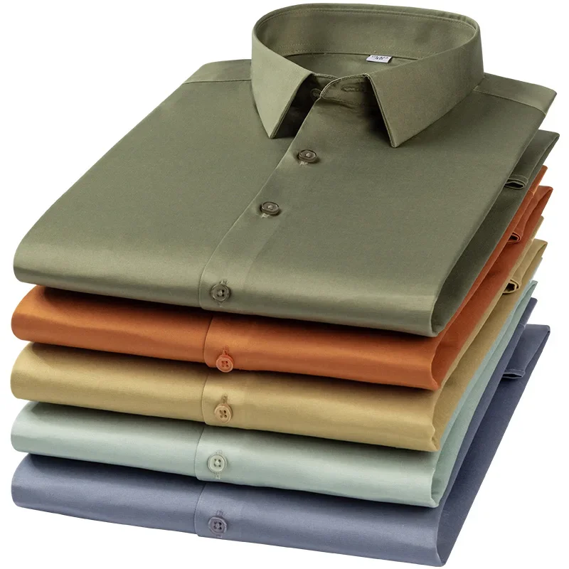 summer wrinkle free thin short sleeve shirts for men without pocket elastic solid color shirt slim fit formal office clothes