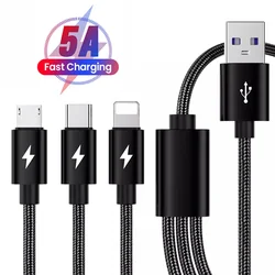 3 in 1 5A Fast USB Charging Cable for iPhone iPad Samsung Huawei Xiaomi Honor Redmi POCO OPPO Realme Moto Universal Charge Cable