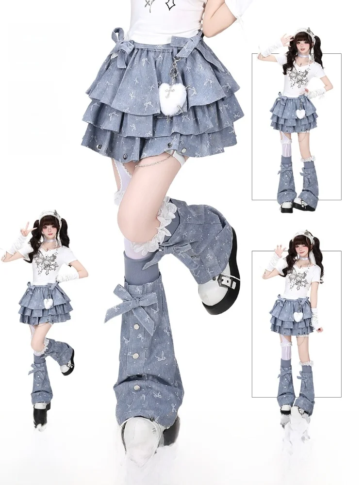 Crazygirl Original Design  Knot Dark Pattern Puffy Cake Denim Skirt High Waist Cake Skirt for Girls And Students