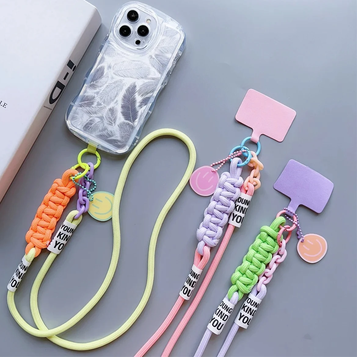 

Lanyard Cross-body Shoulder Straps Keychain with Adjustable SMILE Braided Rope and Replacement Patch Mobile Phone Accessories