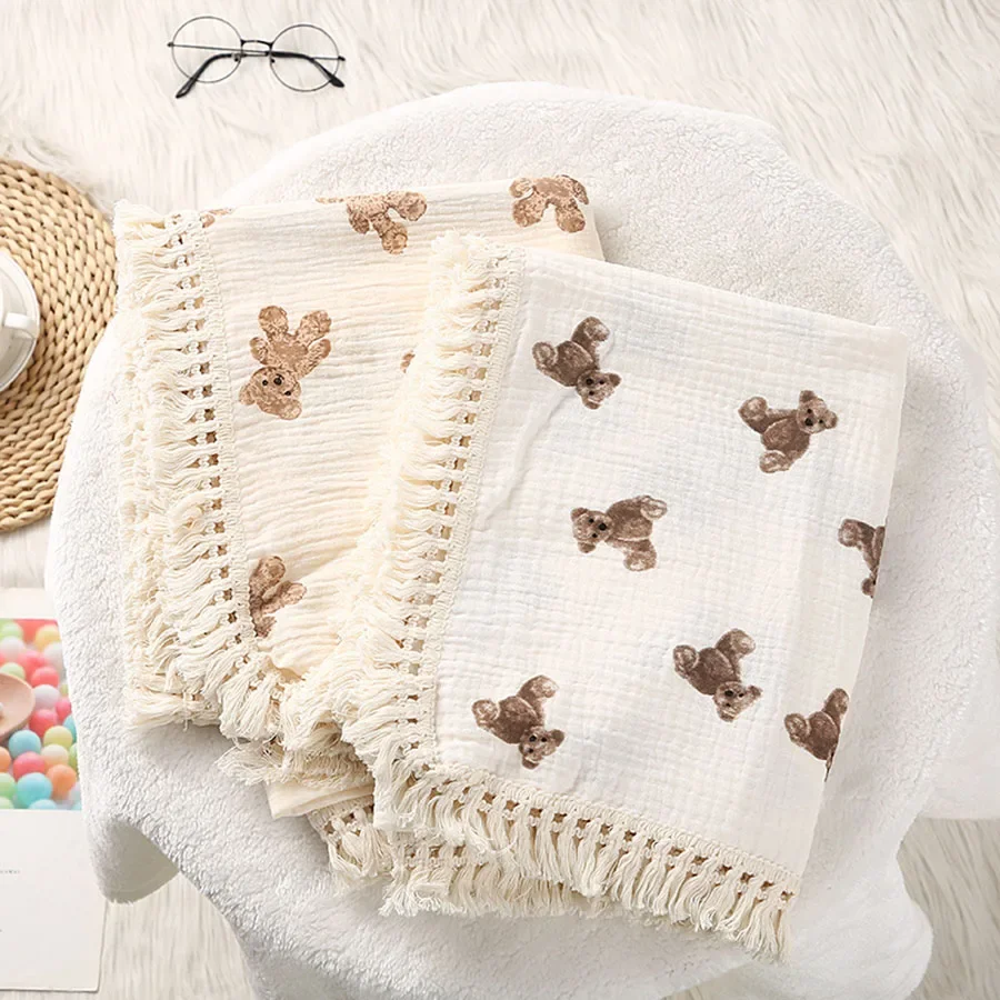 Bear Print Cotton Muslin Blanket for Newborn Baby Plaid Tassel Infant Swaddle Blankets Babies Accessories Bedding