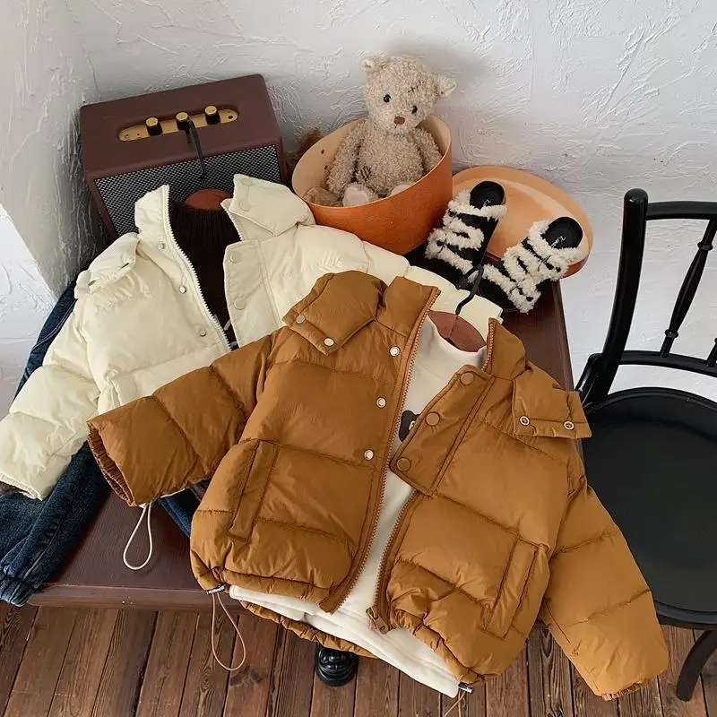 Winter Boys and Girls Solid Color Thickened Down Cotton Jacket Hooded Coat Short Children\'s Baby Bread Coat Top