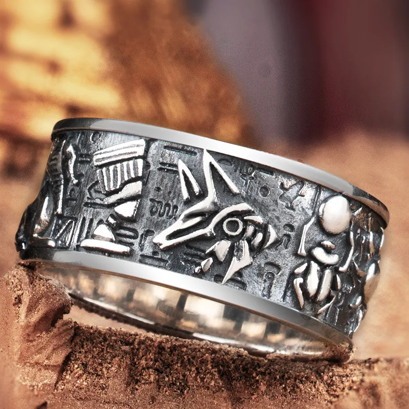 Egyptian Gods Horus Anubis Ring Silver Plated Vintage Pharaoh Totem Open Ring Charm Men Fashion Jewelry