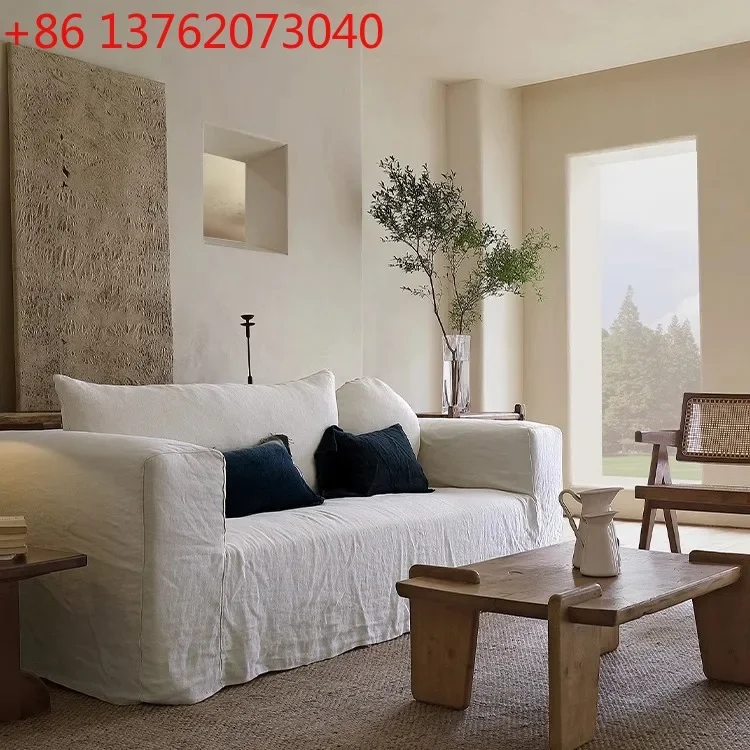 Nordic simple wabi-sabi style linen sofa B&B fabric three-person sofa can be removed and washed