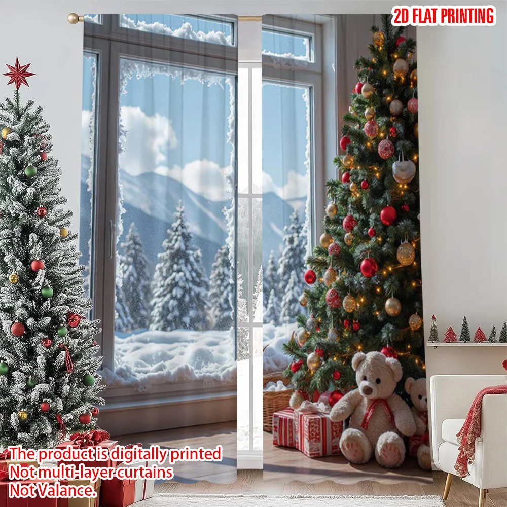 

2pcs 2D flat printing Merry Christmas Window Drapes Christmas tree and winter wonderland 100% Polyester Without Electricity