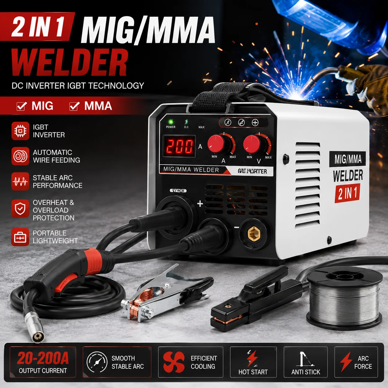 Soudeuse MIG et MMA 2-en-1 à gaz protégé, machine à souder par contact à alimentation automatique du fil, soudeuse à arc portable IGBT DC Inverter pour acier au carbone, travaux domestiques et de réparation, 220V