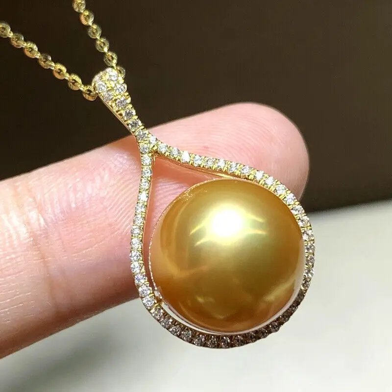 

Gorgeous AAAAA 12-13mm South China Sea gold nail pearl pendant necklace 925S