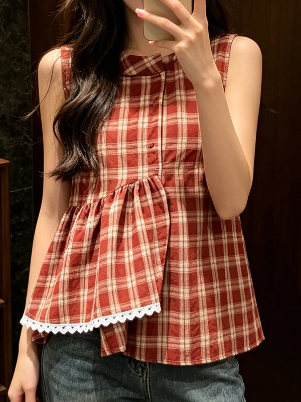 

Summer 2026 plus Size Women's Shirt Irregular Lace Hem Plaid Sleeveless round Neck Casual Style Korean Fashion Commute Style
