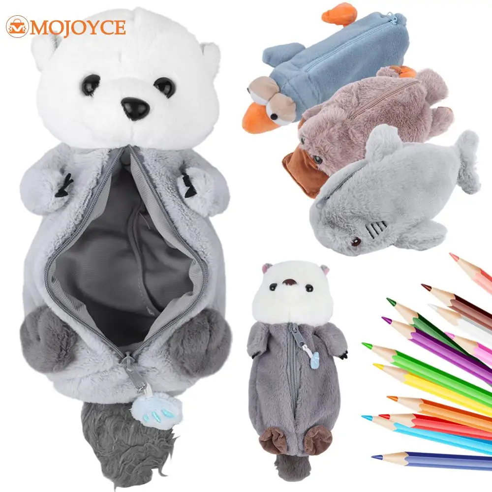 Cute Plush Seaotter Pencil Case Students Stationery School Supplies Kawaii Animal Doll Cosmetic Bags Large Capacity Storage Bags