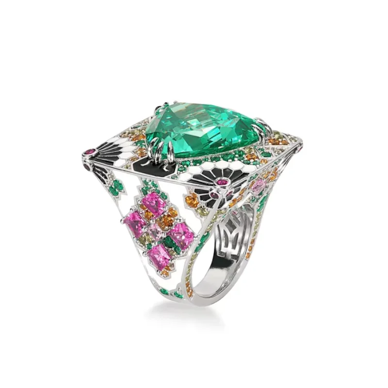 

Bellux 925 Sterling Silver Synthetic Zircon Ring Enamel Workmanship Fashion Luxury Green Gemstone Monet‘s Garden Ring