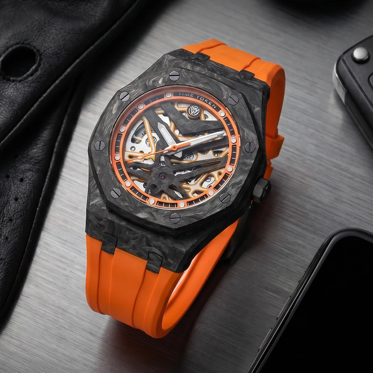 TIME TOKEN 44MM Men Watches Skeleton Carbon Fiber Dial 10Bar Waterproof Luminous Mechanical Watch Rubber Strap Men Gift T577