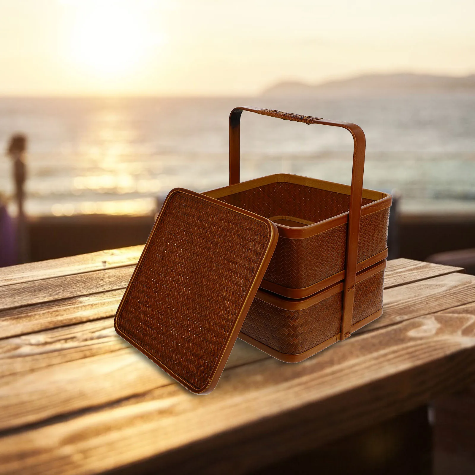 

1pc Bamboo Storage Basket Brown Double Layer Woven Straw Case For Home Sundries Organizer Picnic Moon Cake Egg Basket Portable