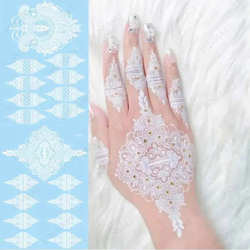 White Henna Tattoo Stickers for Hand Temporary Tattoos for Women Mehndi Women's Body Art Wedding Party Fake Tatoo