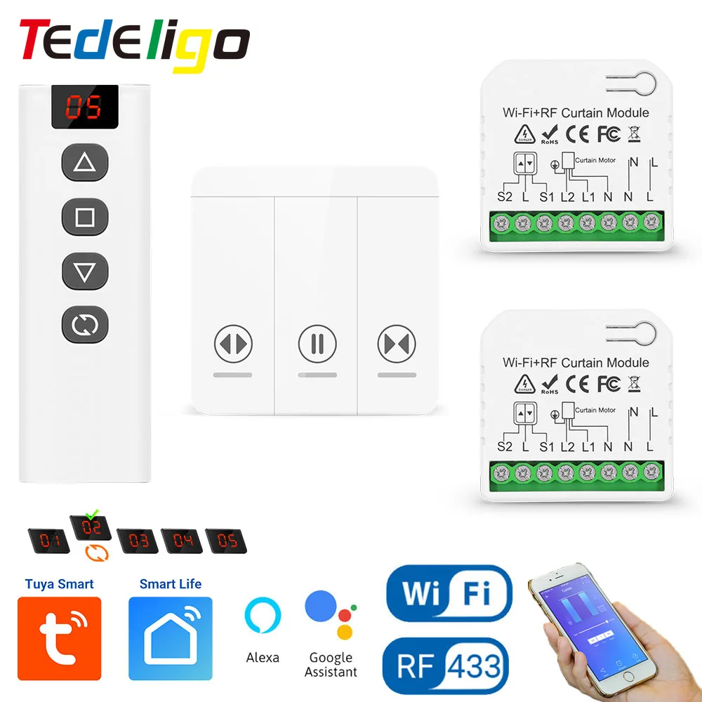 Tedeligo Tuya WiFi RF interruptor de cortina inteligente, módulo de Control de persianas enrollables de 110V 220V con control remoto inalámbrico,