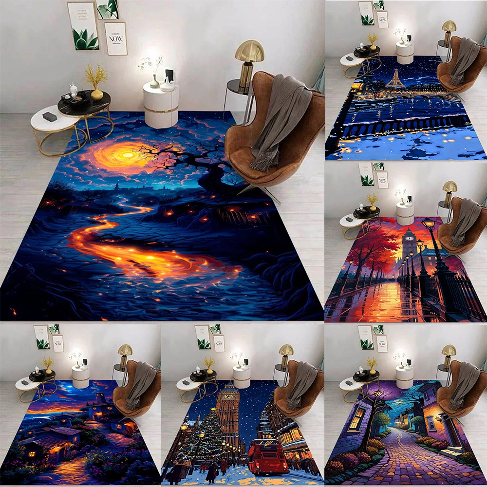 Fantasy Night Scenery Floor Mat Various Styles With Magical River Town Street Village Christmas City Scenes Rug For Home Decor