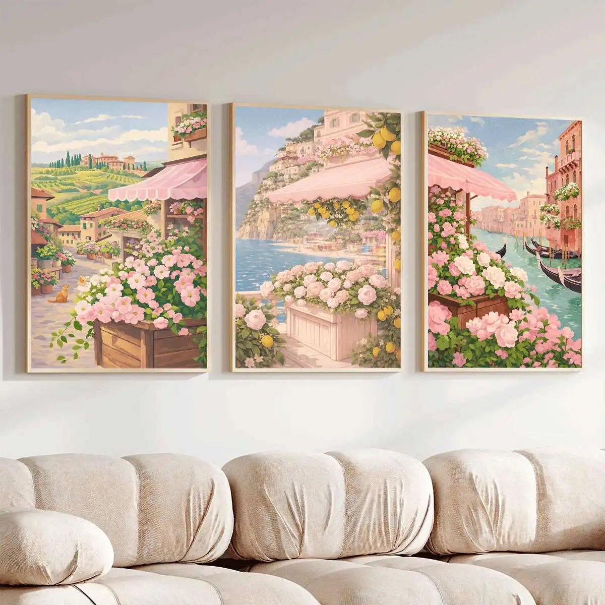 3PC frameless decorative art print,3PCS Romantic flower art poster  Coastal town wall art  Plant-printed wall decoration  Canvas