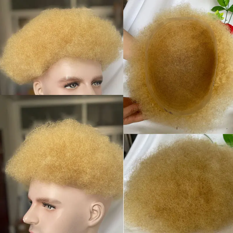 Pelucas Afro rizadas de cabello humano para hombres, tupé Afro de encaje suizo completo, peluquín Afro, Color rubio #613, 10x8 pulgadas