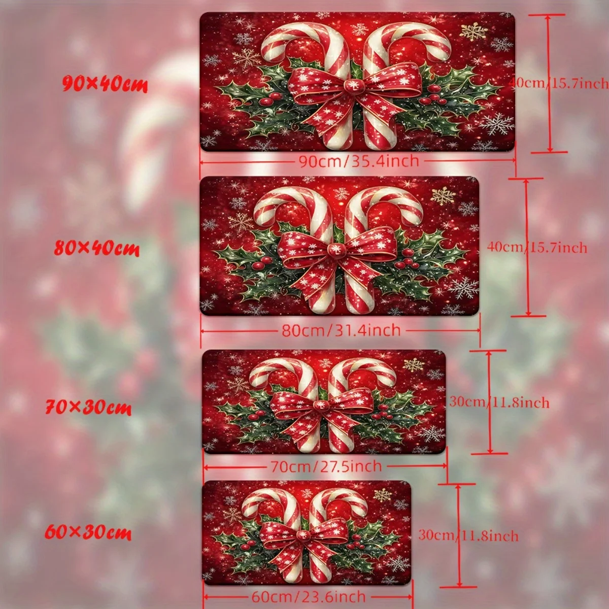 1 tappetino per mouse natalizio con bastoncini di zucchero con strisce rosse e bianche, design con bacche di agrifoglio e fiocchi di neve - Base in gomma antiscivolo per giochi e