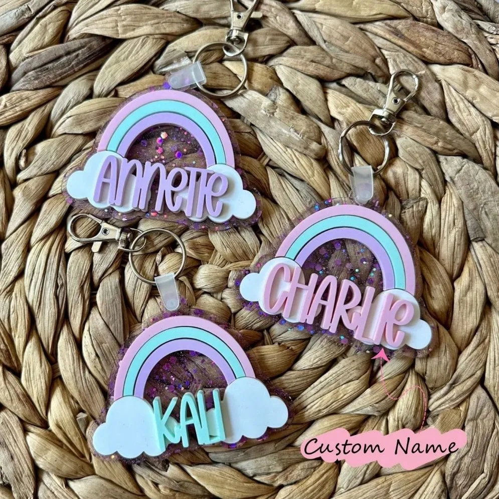 

Cute Custom 3D Name Rainbow Pink Blue Colored Keychain 3 Layers Nameplate Personalized Pendant Bag Charm Key Ring Christmas Gift