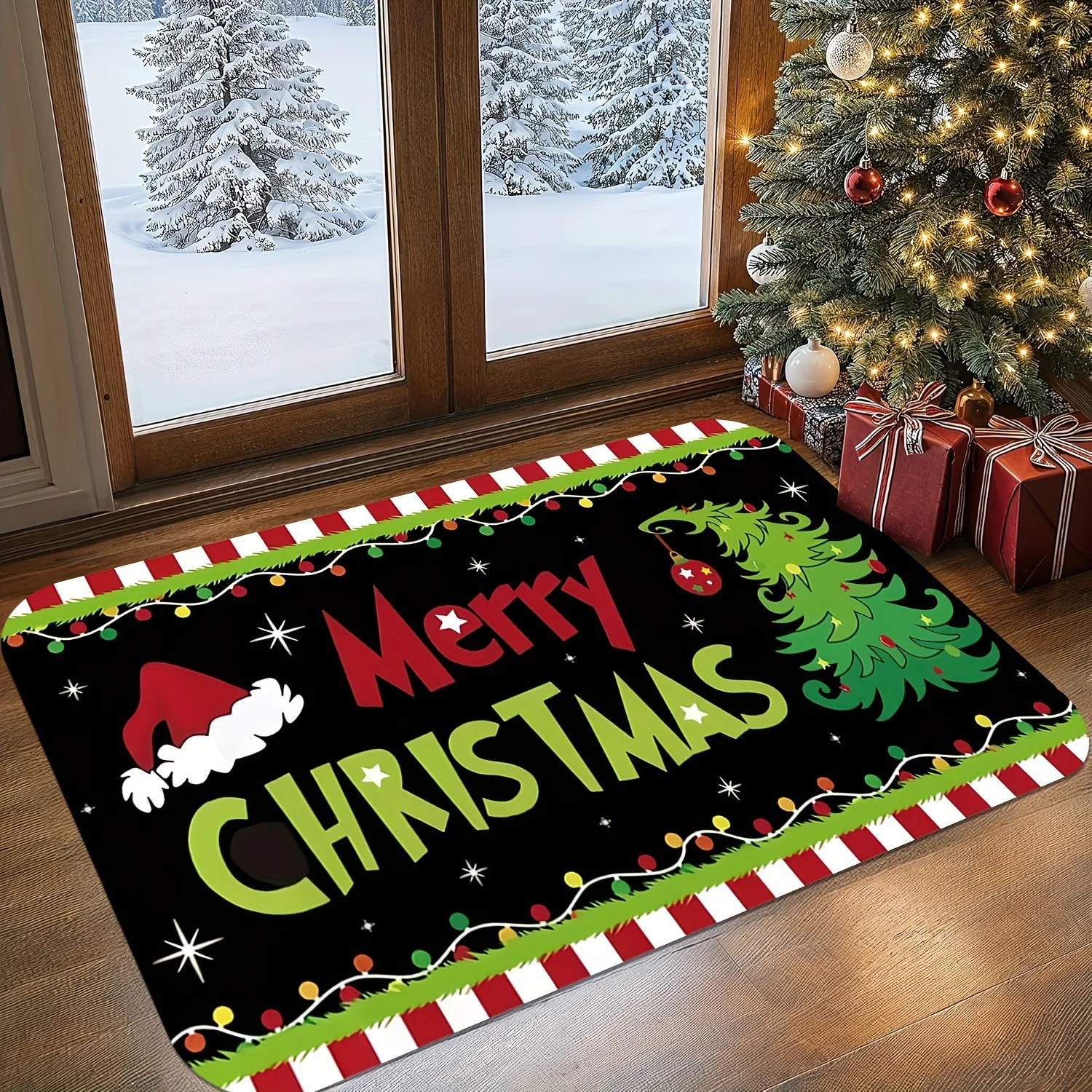 Stylish Whimsical Grinch‑Style Merry Christmas Graphic Area Rug Charming Modern Rug For Porch Indoor House Home Ornament