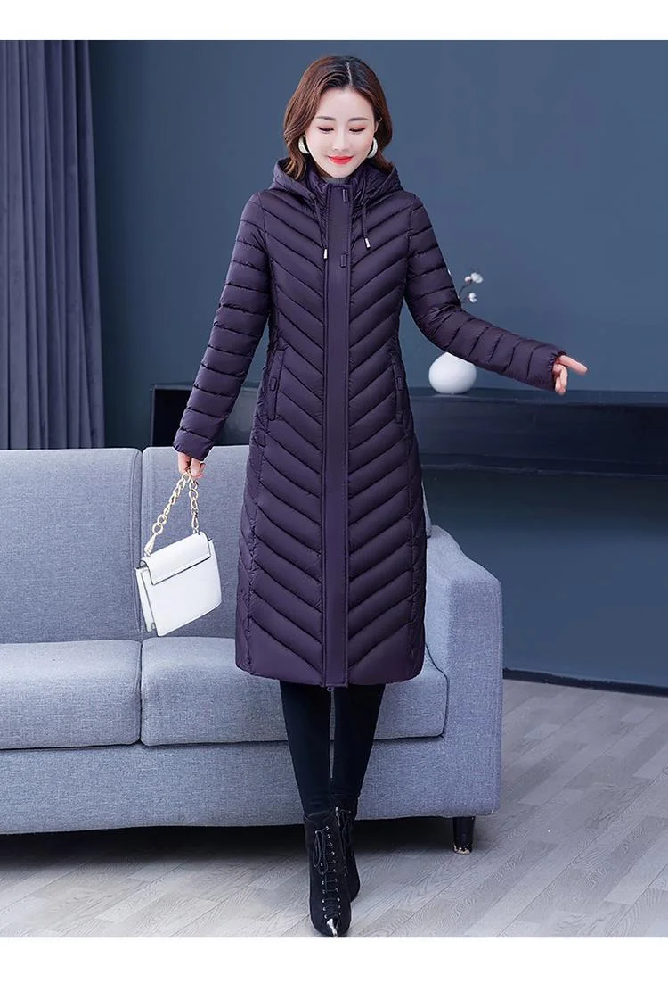 NEW Middle-aged Womens Down Cotton Coat Winter Long Warm Quilted Cotton Jacket Female Casual Hooded Parka Overcoat Purple 5XL