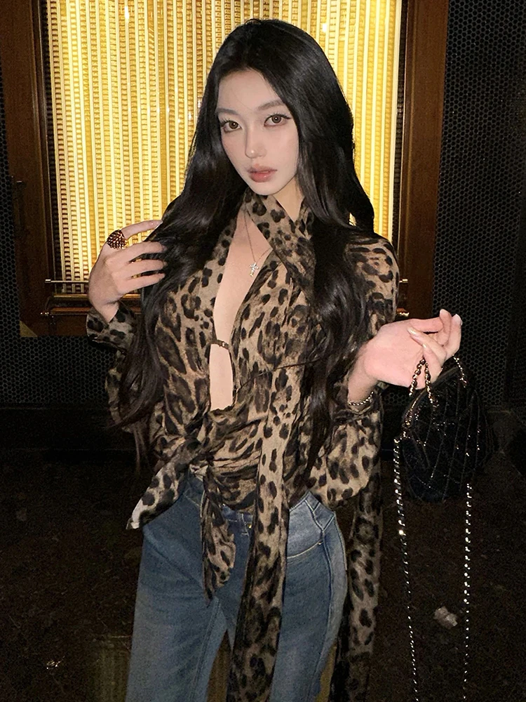 

Macheda Street Wild Style T-Shirts Women Sexy Low-Neck Leopard Print Full Sleeve Long Ribbon Hot Girls Hipster Classic Clubwear
