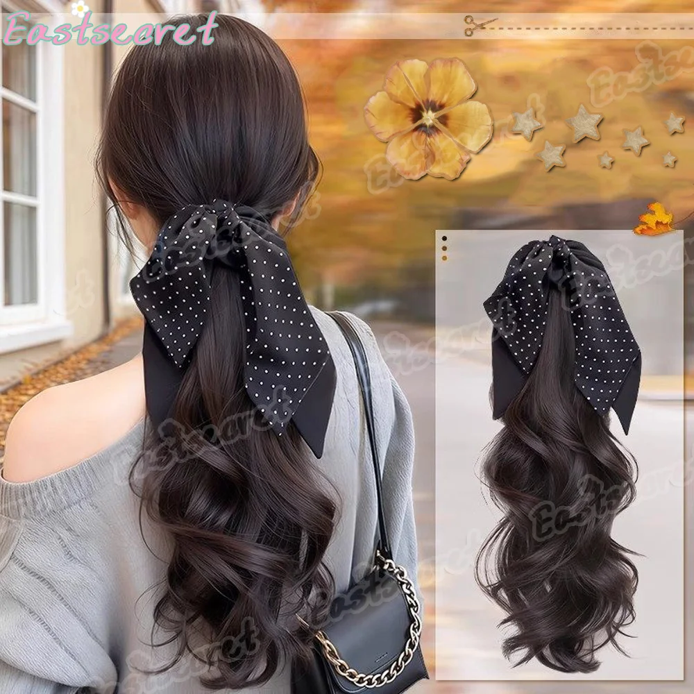 EASTSECRET Women's Style Long Curly Ponytail Wig - Braided Hair Accessory with Polka Dot Bow & Mini Claw Clip For Daily Wear