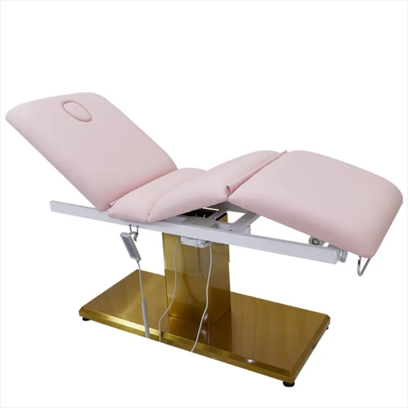 

Hot sale electric beauty bed 3 motors with multifunctional electric facial chair stainless steel gold plated massage table