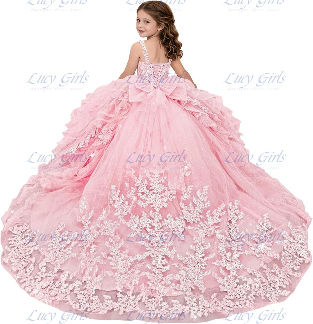 Luxury Flower Girl Dress Lace Applique with Ruffles Sequin Girls Pageant Dresses Layered Ball Gown Dress for Girls with Bow image 6