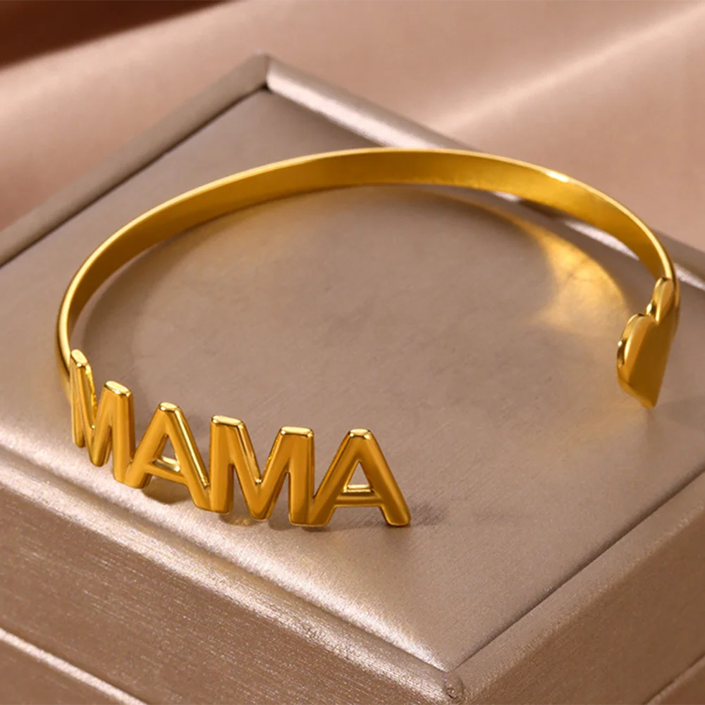 Brazalete elegante con letras de mamá y corazón para mujer, pulseras con apertura de acero inoxidable de Color dorado, joyería para el día de la madre, regalo para mamá