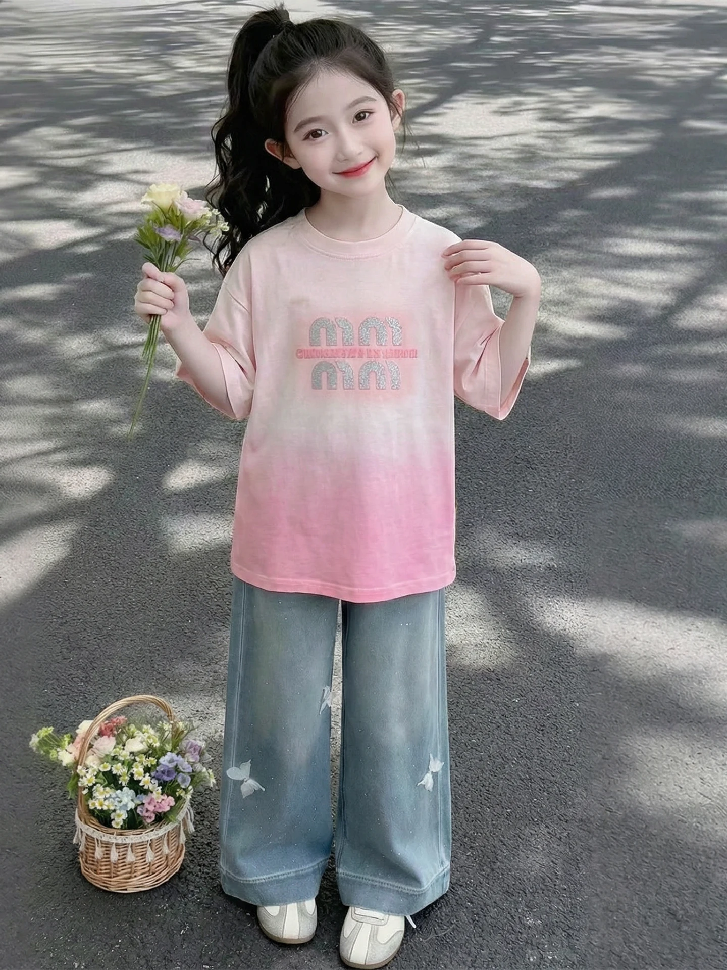 女の子の夏服セット-薄手半袖デニム-子供用おしゃれ服-ツーピースセット-カジュアルスタイル-愛の表現