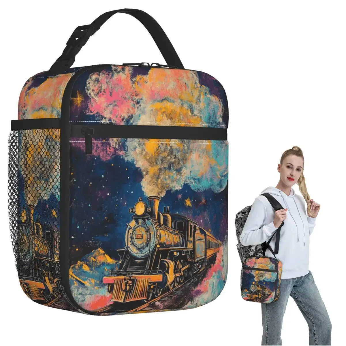 Dreamy Cartoon Space Train Adventure Print Insulated Lunch Bag for Women Kids Portable Food Boxes Thermal Lunch Box Tote