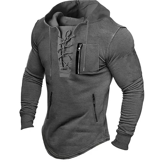 Loose Fit Long Sleeve Fitness  Shirt Breathable Drawstring Hooded Base Layer Top for Men Casual Urban Style Polyester