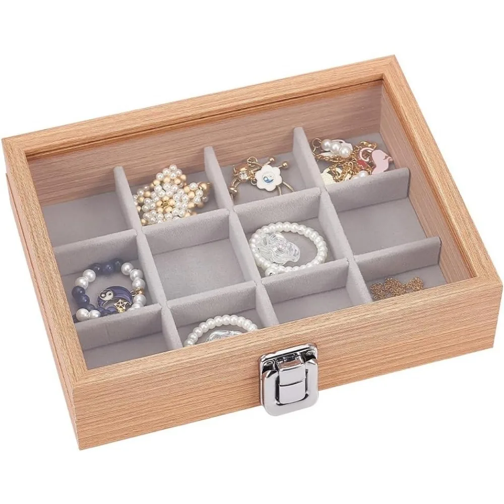 12 Grids Vintage Solid Wood Jewelry Box Rectangle Wood Jewelry Storage Presentation Case with Clear Glass Window and Velvet