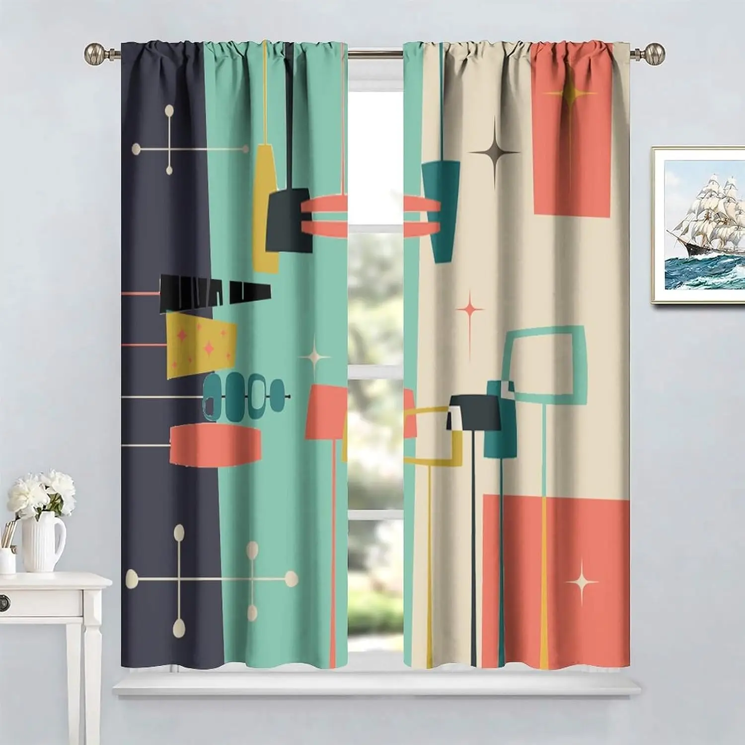 Abstract Geometric Curtain Panels for Modern Living Room Sheer Light Filtering Curtains Drapes Home Decor Mid Century Style