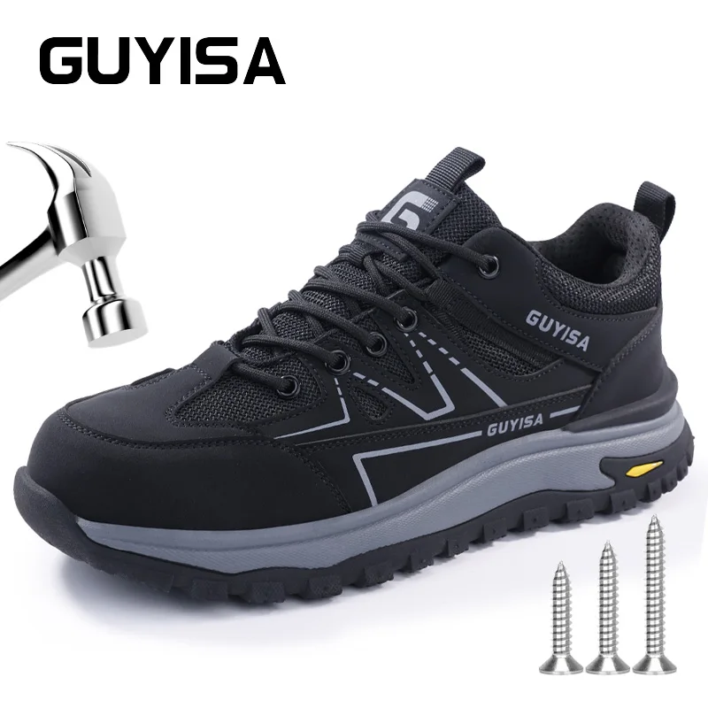 GUYISA Safety Shoes For Work Steel Toe Boots Fashion Breathable Sport Style Comfortable Black