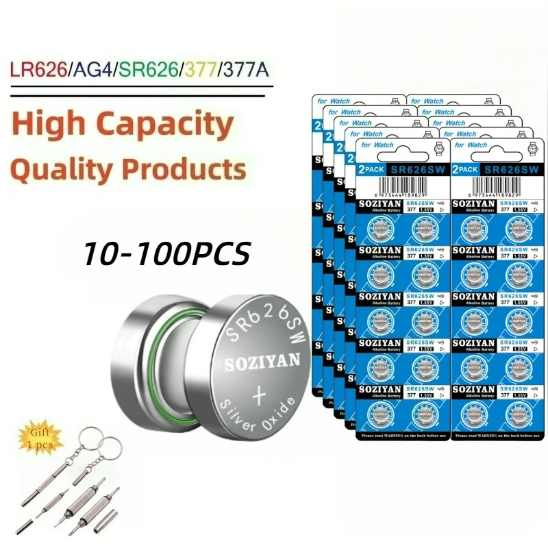 

High Capacity 10-100pcs SR626SW AG4 Equivalent 377S 377 LR626 1.55V Button Cell Battery for Watch Candle lamp Replacement