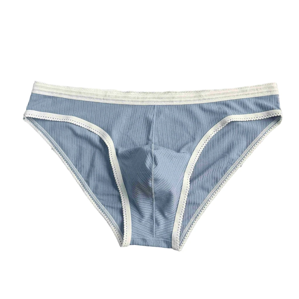 1pc Men Low Waist Ribbed Briefs Lace Trim Stretchy Underwear Breathable Sexy Panties  Large Pouch U-convex Solid Color Briefs