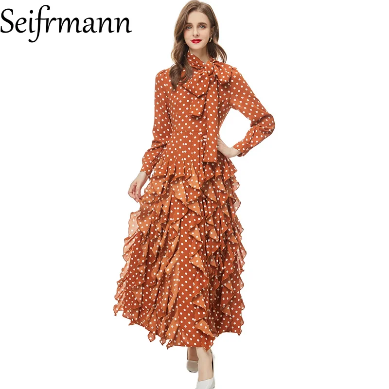 

Летнее женское платье Seifrmann 2026: новая модная модель с воротником-стойкой, длинными рукавами, оборками и принтом в горошек, с эффектом утяжки на талии