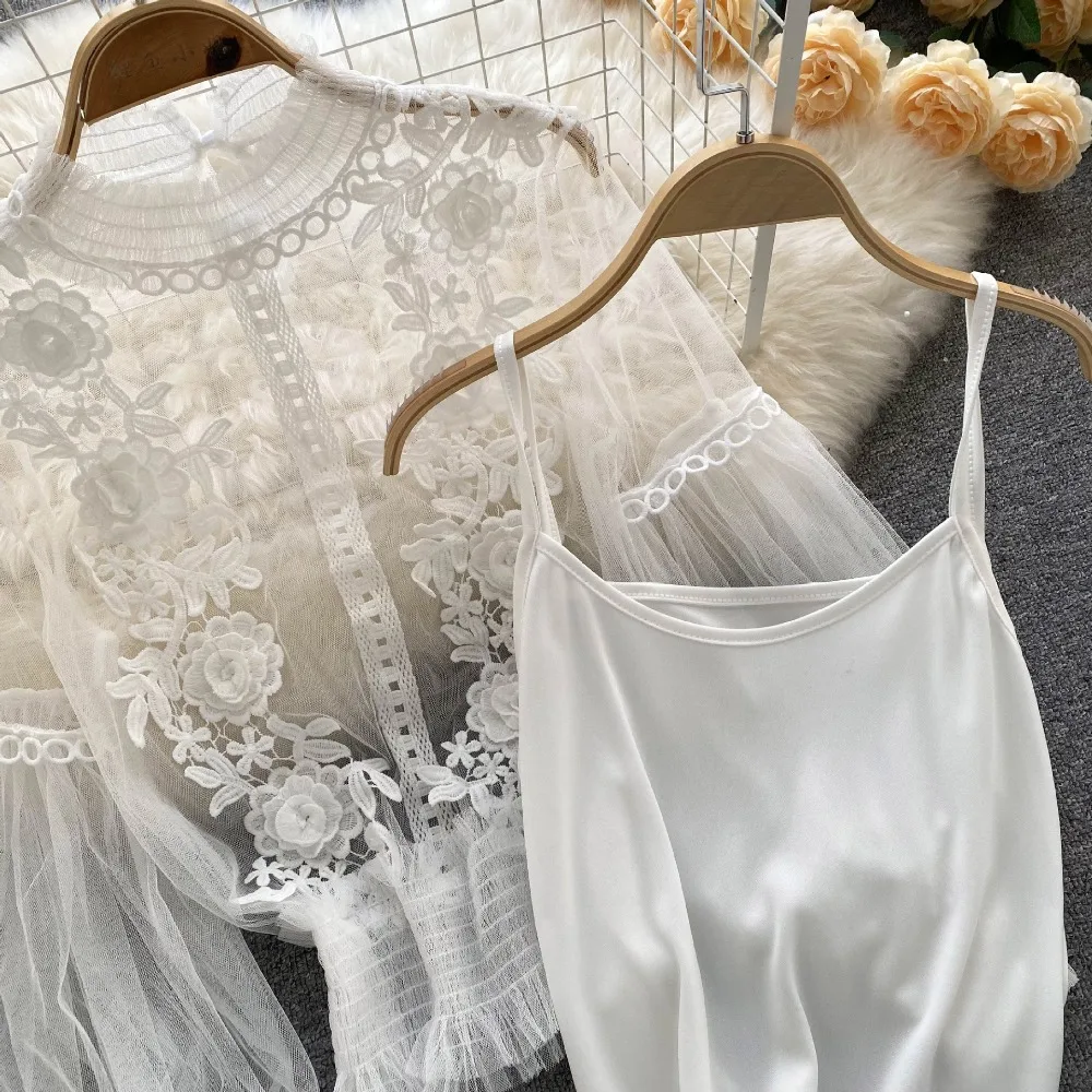 2 قطعة/المجموعة الصيف الدانتيل نفخة كم طويل بلوزة 3D زهرة خمر اقتصاص قمة أنيقة أزياء النساء قمصان ملابس النساء