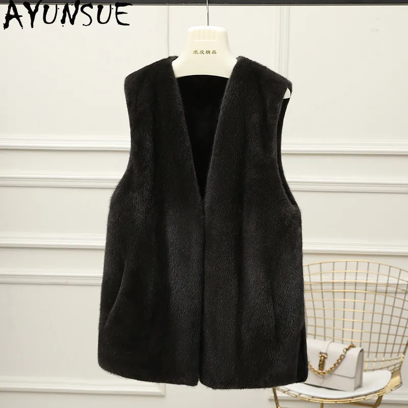 

AYUNSUE Real Mink Fur Vest for Woman Winter Fur Coat V-neck Tops New in Outerwears Korean Style Woman Clothes Fourrures Femmes
