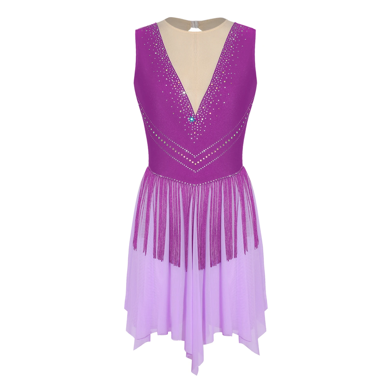 Womens Figure Skating Dress Rhinestones Tassel Sleeveless Contrast Color Mesh Leotard Dress Ballet Latin Rhythmic Dance Dresses