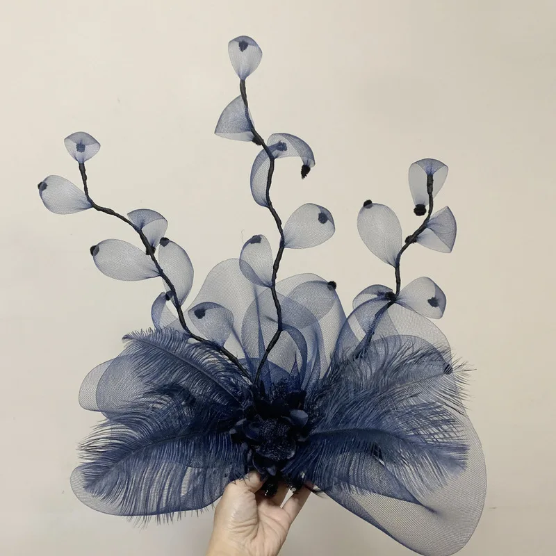 Exaggerated navy blue handmade mesh flower hair clip for stage performances fashion shows wedding hair accessories top hats
