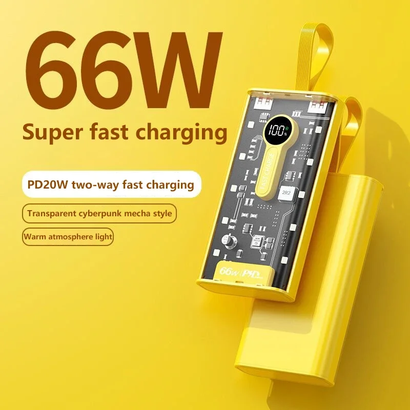 New Portable Power Bank 200000mAh with Cable 66 W Fast Charging External Battery Charger Cases for iPhone Series Samsung Xiaomi
