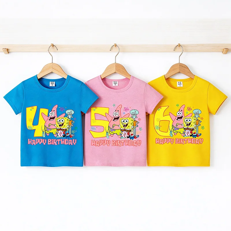 SpongeBob Kinder Geburtstags-Zahlen-T-Shirt für Jungen und Mädchen, Baumwoll-Kurzarmshirt, Cartoon-Sommerkleidung für Kleinkinder