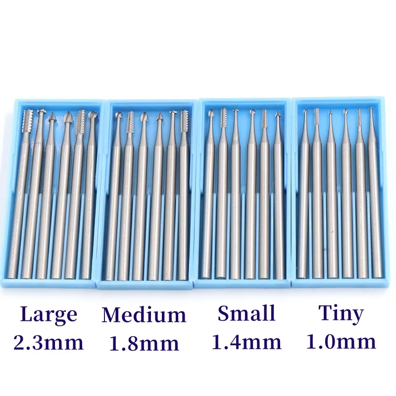 6PCS/Set Dental Tungsten Carbide Burs 2.35mm Shank Head Dia 1.0/1.4/1.8/2.3mm Tungsten Steel Micro Carving Knife