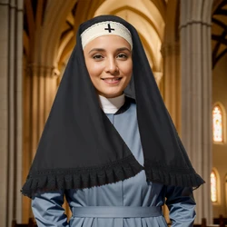 Nun Headpiece Veil Cosplay Women Black Cross Bonnet